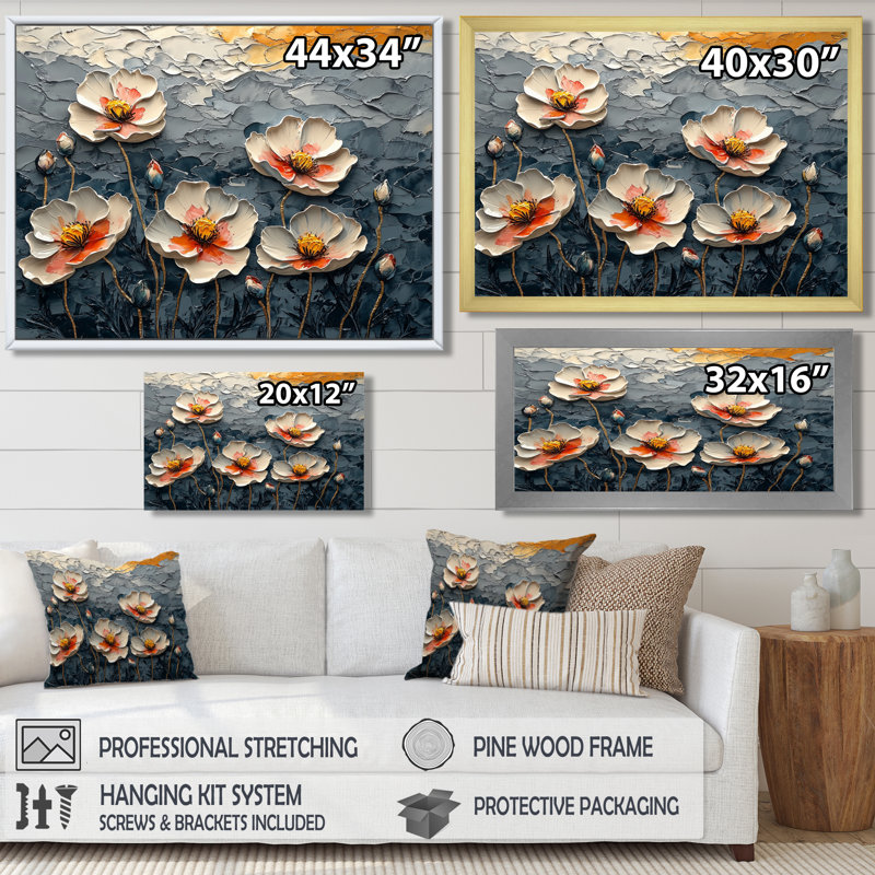 Danse des coquelicots sur pierre I - coquelicots, art mural, H 12 po x l 20 po, Cadre flottant noir