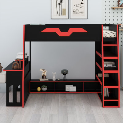 Lit mezzanine en bois moderne avec bureau, grandes tablettes de rangement et éclairage RVB