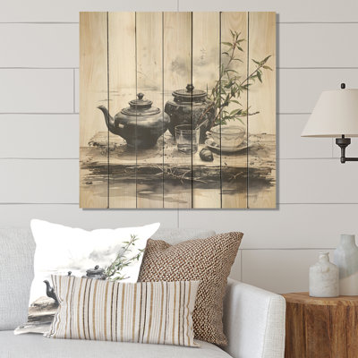 Black And White Boho Tea Set Potteries II - Boho Pottery On Wood Print