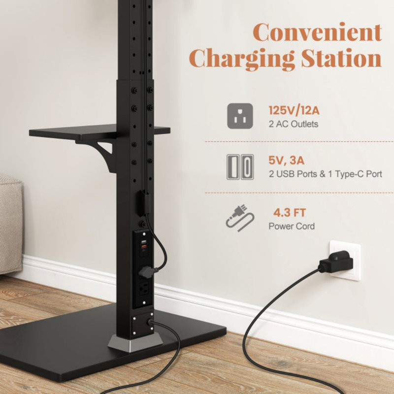 Tilt and Height Adjustable Floor TV Stand with Power Outlet and Adjustable AV Shelf