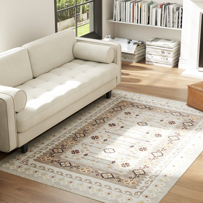 Area Rug 4x6, Machine Washable Rug, Non-Slip Boho Floral Print Floor Cover Foldable Carpet for Living Room, Bedroom, Dining Room, Brown