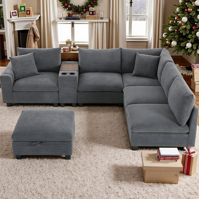 SYROVA Plush Corduroy U-Shaped Sectional Sofa with Movable Ottoman, USB Charger & Storage Console – Modular Luxury
