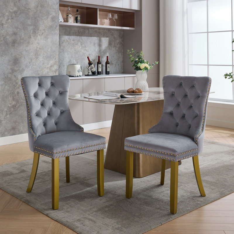 Chaises capitonnées Allena , 2, Velours gris, Doré