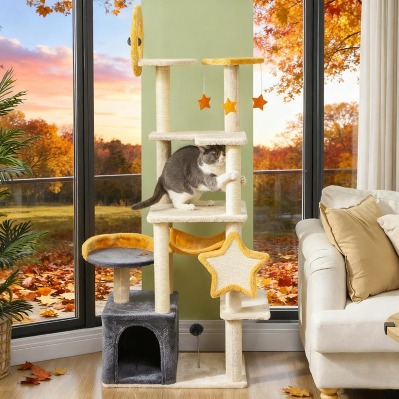 Tour pour arbre à chat de 63 po de hauteur avec lune, étoile et hamac et plusieurs poteaux à griffer en sisal - peluche beige