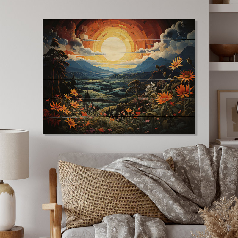 Art asiatique, mandala du ciel I sur bois, H 10 po x l 20 po x P 0,78 po