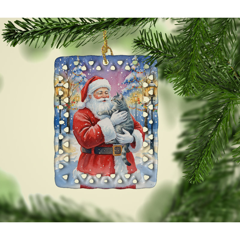 Ornement en porcelaine grise avec tabouret et père Noël, Maquereau gris tigré
