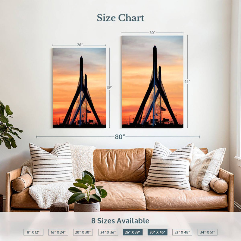 Lilie Zakim Bridge au coucher du soleil, H 39 po x l 26 po
