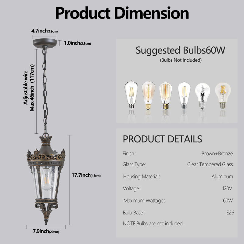 18" H Antique Crown Outdoor Pendant Light, Farmhouse Exterior Hanging Lantern