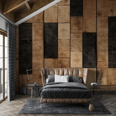 Rustic 3D Wood Block Wallpaper Natural Oak Dark Walnut Geometric Panel Pattern