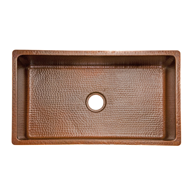 Évier de cuisine 33 "en cuivre martelé simple avec drain et accessoires assortis, Cuivre antique