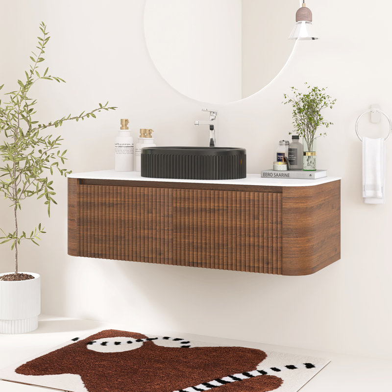 Meuble-lavabo mural cannelé 48 po avec lavabo vasque en céramique, deux tiroirs et porte-serviettes 48 po, Walnut