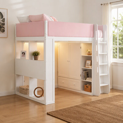 Lit mezzanine en bois massif avec barrières de sécurité en similicuir, armoire, tiroirs, étagères et éclairage DEL