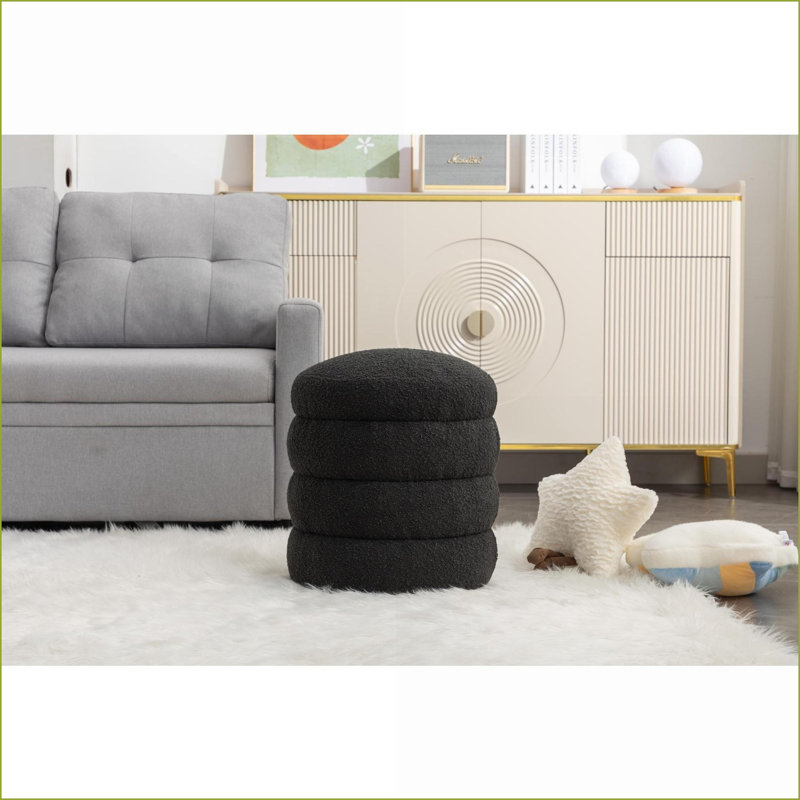 Ottoman Round Footrest Stool for Living Room Bedroom | Soft Boucle | Black