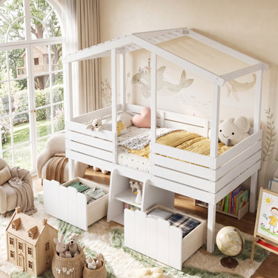 Bennett Kids Low Loft Bed with House-Shaped Roof, Stairs and Storage Drawers for Playful and Organized Bedrooms