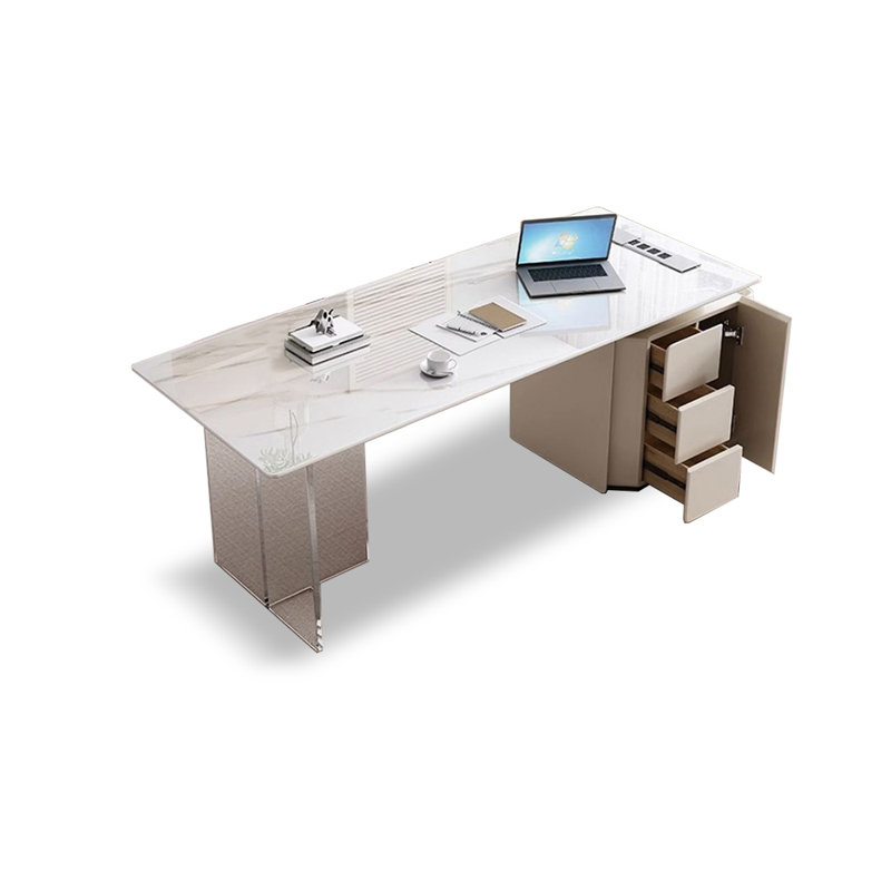 Bureau blanc rectangulaire en bois manufacturé avec 3 tiroirs, H 29,53 po x l 62,99 po x P 29,53 po