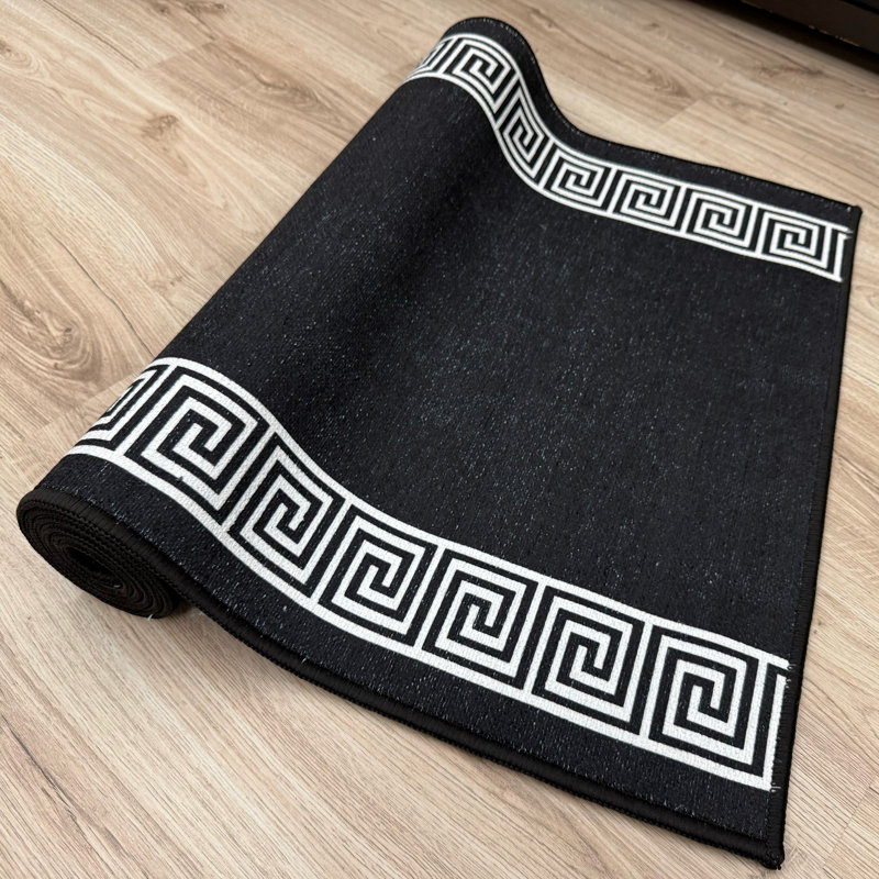 Custom Size Anti Slip Low Profile Meander Black Rug, Runner 2'2" x 5'
