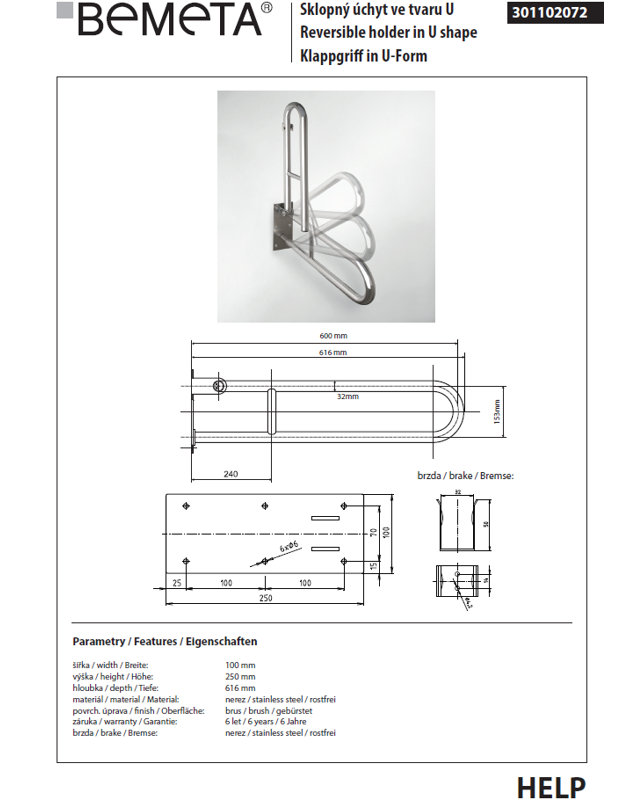 Help 600 61.6cm Grab Bar, White