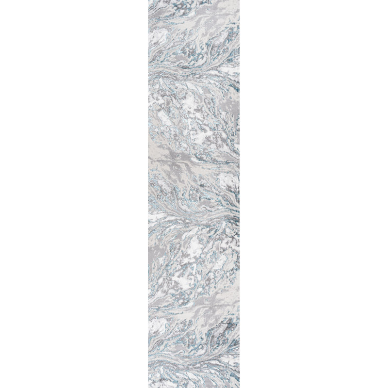 Marbled Abstract Grey/Turquoise Rug, Runner 2' x 10'
