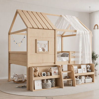 Twin House Loft Bed with Storage Stairs, Shelves, Playhouse Roof & Window, White, Kids Playhouse Loft Bed