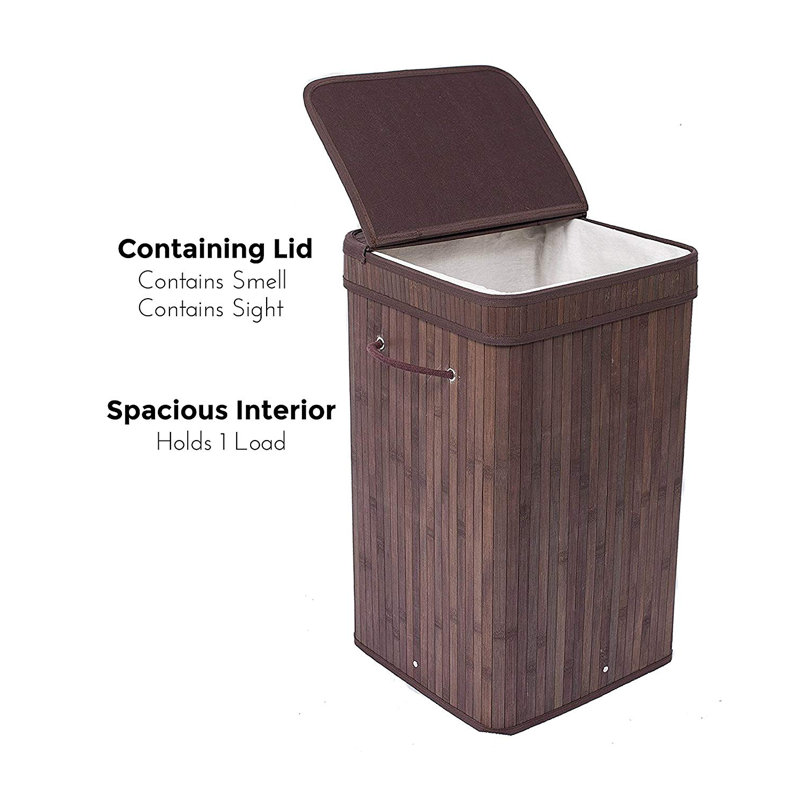 Espresso Bamboo Square Laundry Hamper with Lid and Cloth Liner