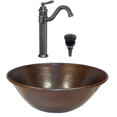 Lavabo vasque rond en cuivre vieilli de 14 po, robinet classique de 13 po inclus