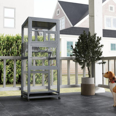 Cage à oiseaux en bois de pin de 68,3 pouces de hauteur avec roues universelles, conception multicouche grise