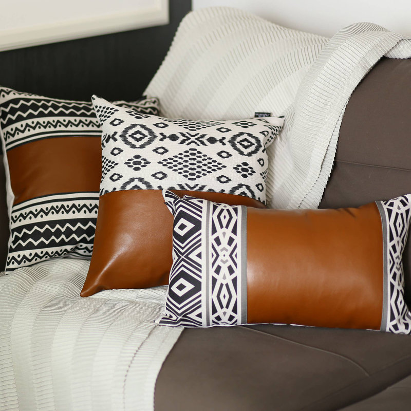 Bohemian Black and Brown Faux Leather Throw Pillow