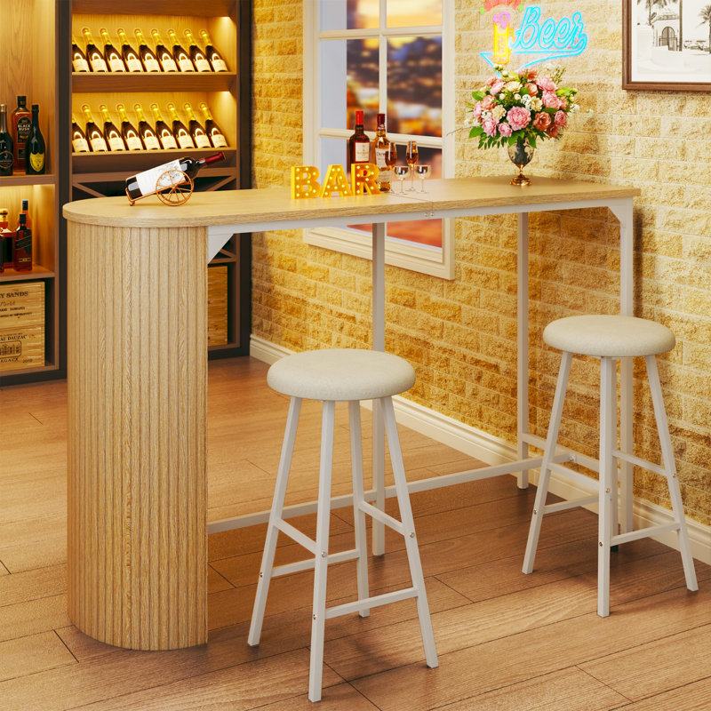 Table de salle à manger à hauteur de comptoir de 55 po avec 2 tabourets et 2 tabourets de 55 po, Bois naturel / blanc