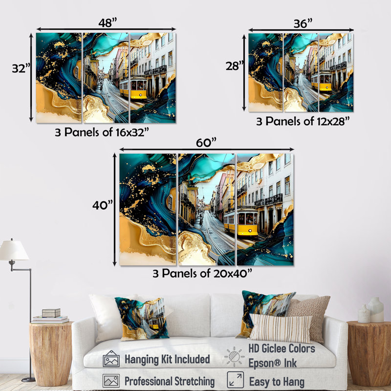 Emerald Lisbon Rues In Portugal I - Portugal grand art mural - 3 panneaux, Toile tendue, Ne s’applique pas, H 32 po x l 48 po
