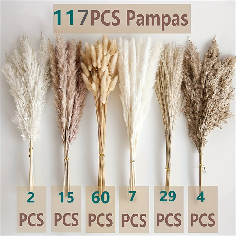 117 bouquets d'herbes de pampas séchées 117 pièces, décorations de table bohème, fleurs de lapin séchées, pompas brunes, herbes de pampas blanches pour mariage, maison, fête rustique, décorations de fête de naissance