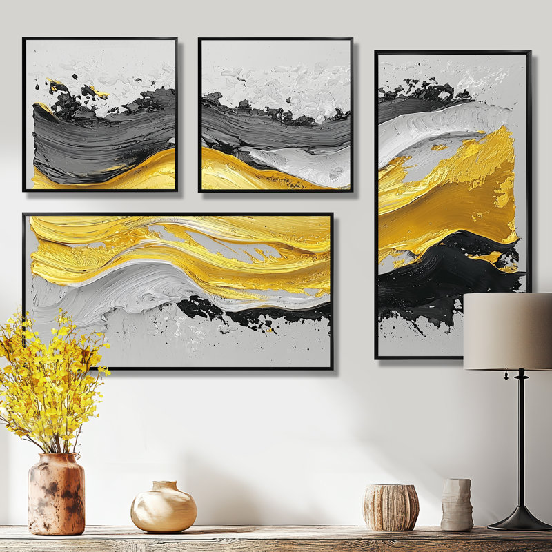 Fugue jaune en couleur I - art mural abstrait 4 pièces, Impression encadrée sans passe-partout, Noir