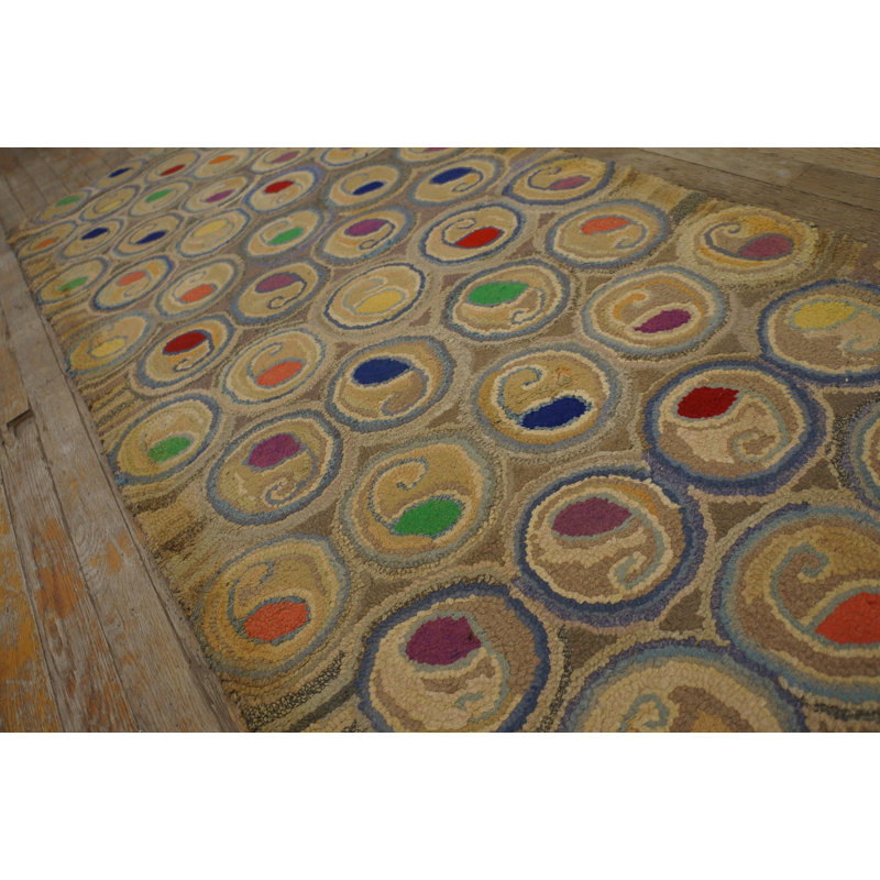 Antique American Hooked Rug Hallway Runner Wool Beige, Multicolor