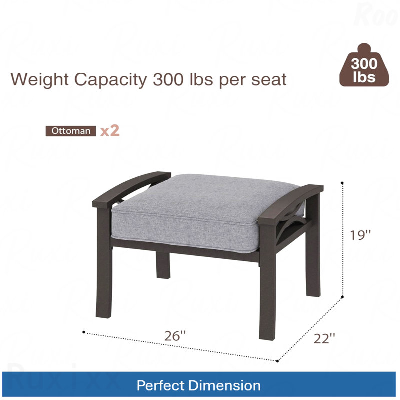 Set Of 2 All-Weather 26” Width Metal Ottomans, Khaki Frame With Gray Cushions, Gray