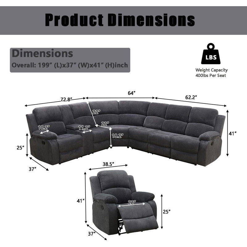 Manual Corduory Recliner Sectional Sofa With Chair , Storage Console/Drop Down Table/Cup Holders (Sectional+Chair)