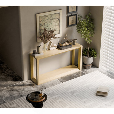 Console rectangulaire de 60 po en placage de bois massif, table de canapé large, table de canapé derrière avec amplement de rangement pour le vestibule et le salon, chêne délavé