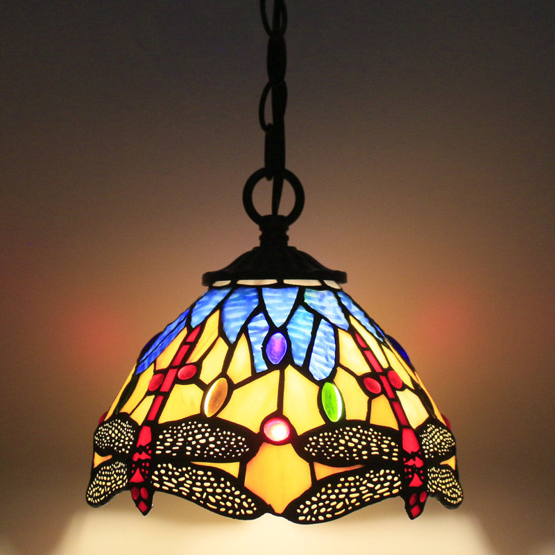 Small Tiffany Pendant Light Dragonfly Style Stained Glass Pendant Hanging Lamp, Yellow Dragonfly