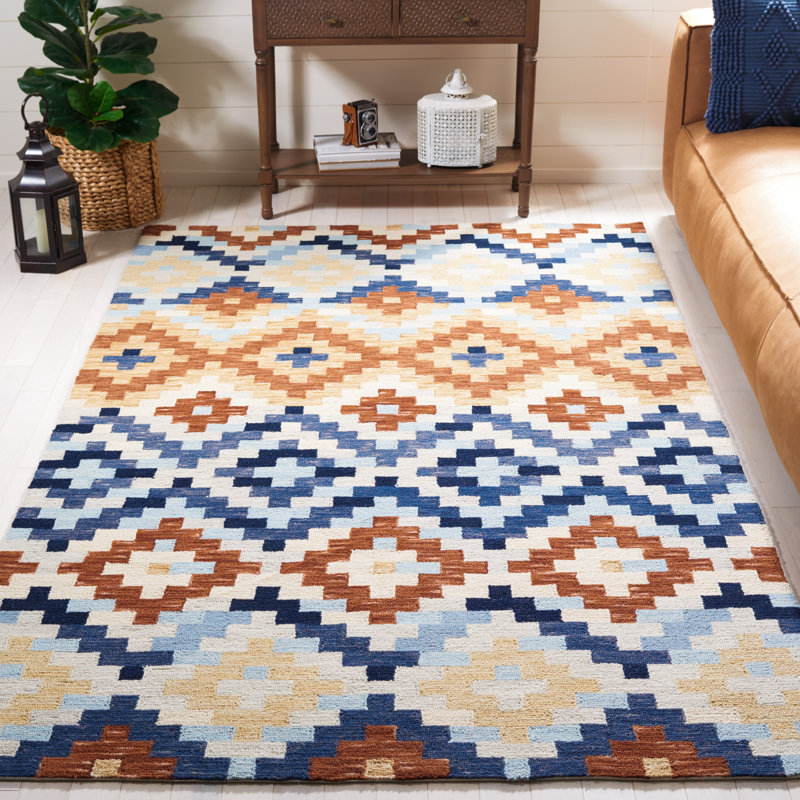 Tapis crocheté à la main à carreaux en laine Aalyah, Rectangle 5 pi 3 po x 8 pi 3 po