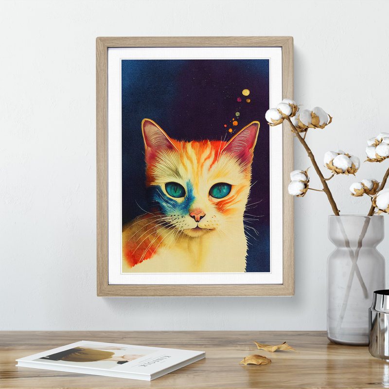 Cat in Watercolour No.3 1 Piece Single Picture Frame Wall Art, 64cm H x 46cm W x 2cm D, Oak