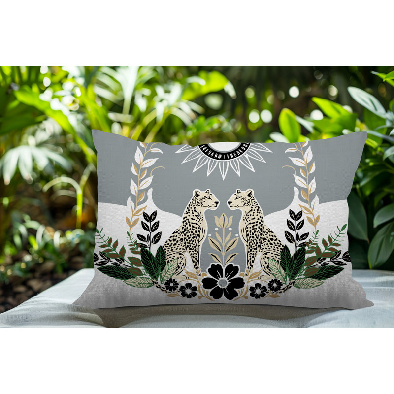 Oreiller rectangulaire réversible intérieur / extérieur Spoke Leopard, Gris, Rectangle H 18 po x l 25 po