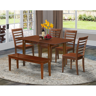 6 Piece Dining Room Furniture Set Contains a Rectangle Kitchen Table with Butterfly Leaf and 4 Dining Chairs with a Bench, 32x54 Inch, Mahogany