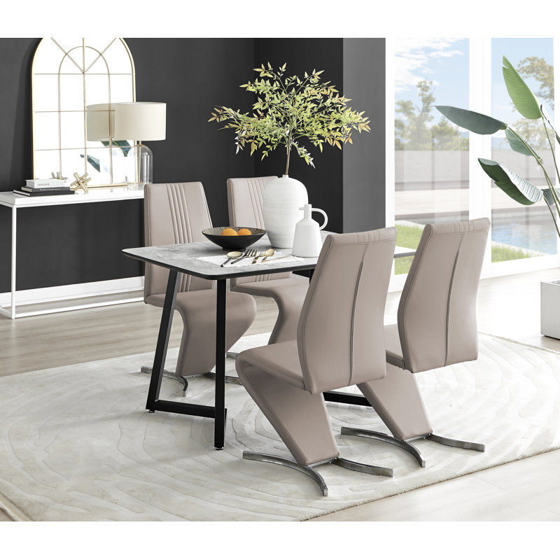 Marble Effect Melamine Dining Table and Chairs - 4 Luxury Velvet Dining Chairs, Pink/Silver