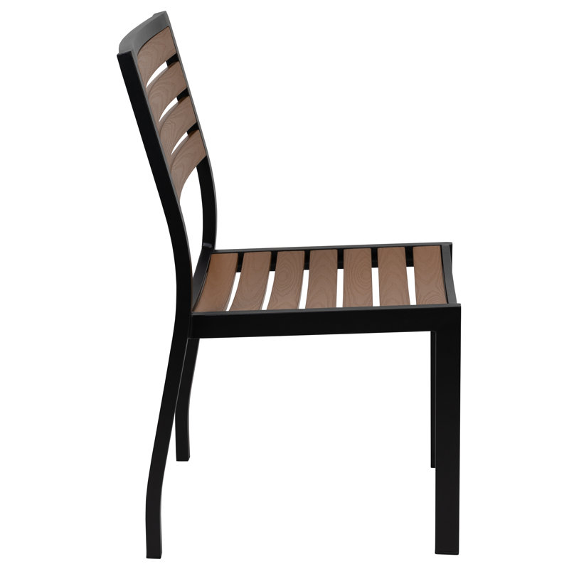 Agit Indoor/Outdoor Square Steel Framed Table with 4 Stackable Faux Teak Chairs, No Umbrella, No