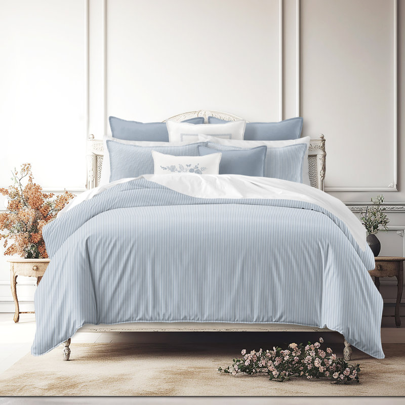 Ruben Stripe Reversible Cotton Duvet Cover Set, Cal.King Duvet Cover + 2 King Shams, Cornflower