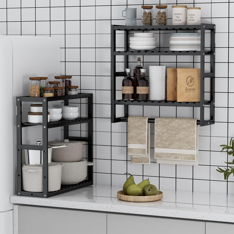 Towel Rack Bathroom Storage Shelves(Black-2Pack)