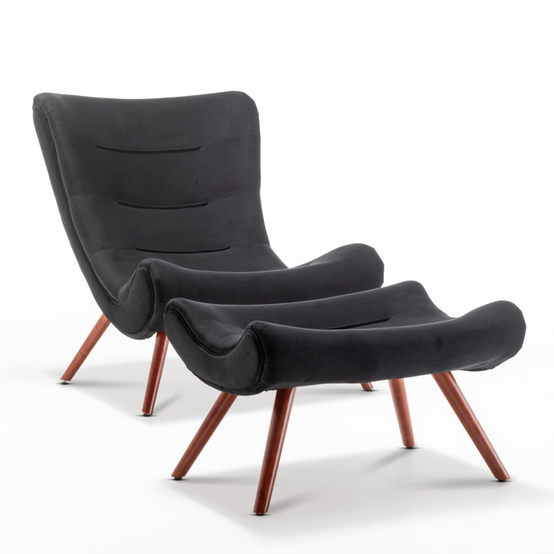Bertita Upholstered Accent Chair with Footstool, Black