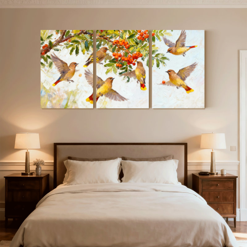 Oiseaux qui volent près de branches de baies, ensemble de 3 impressions sur toile, H 30 po x l 60 po