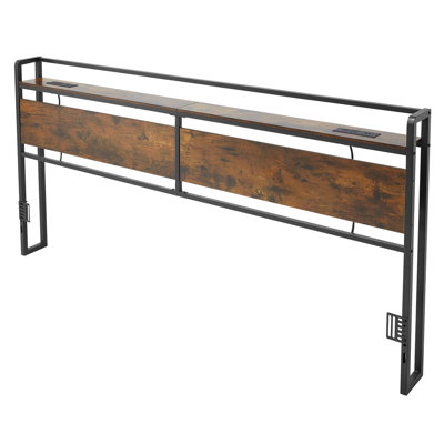 Headboard for King Size Bed, with Storage Shelf, 2 Outlets, 1 USB and 1 Type-C Port, Sturdy and Stable Carbon Steel Frame Head Board with Charging Station, Adjustable Height, Black and Brown