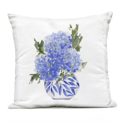 Hydrangea Trio in Vase Outdoor Printed Pillow, design by Lucille Price