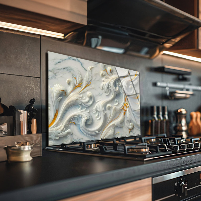Golden Flourish Tempered Glass Backsplash Tile - Kitchen Wall Decor, 17" H x 17" W