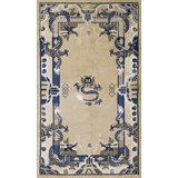 Ivory and Blue Small Scatter Size Antique Chinese Dragon Design Peking Rug
